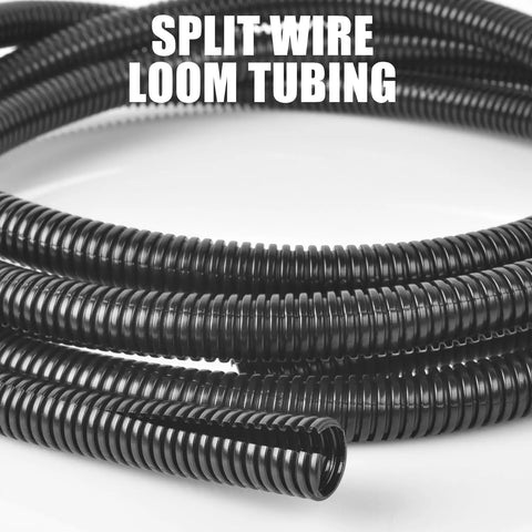 Heavy-Duty 1/4 Inch Split Wire Loom Tubing, 30 Ft slick cord protector, black flexible tubing for cable organization.