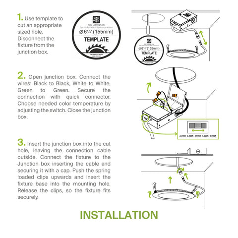 Installation guide for 12 Pack Ultra Thin 6 Inch LED Recessed Lights With Junction Box, showing wiring and placement steps.