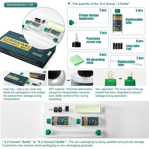 Premium Silicone Treadmill Belt Lube Kit 8.4 oz with hard tubes, precision screw caps, and cloths shown with packaging.