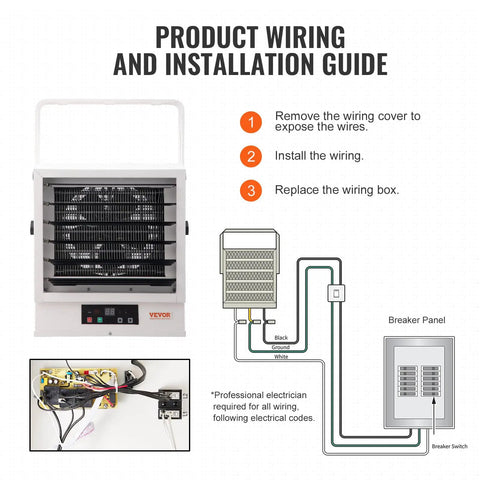 Beast 10000W Digital Garage Heater installation guide with wiring diagram, wall or ceiling mount instructions, and breaker panel setup.