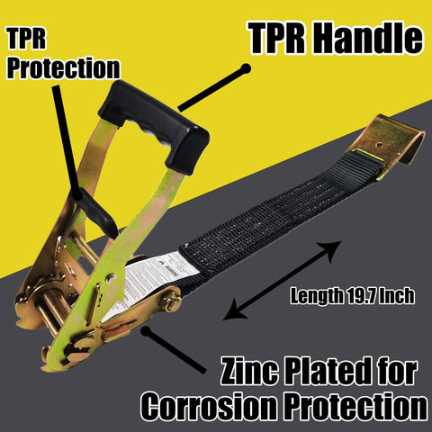 Four Pack Car Tie Down Straps with TPR handle and zinc plating for corrosion protection, 19.7 inch length.