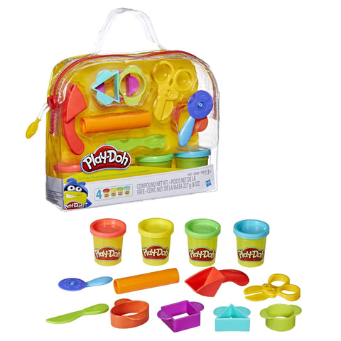 Kid Friendly 9 Piece Starter Set With Storage Tote And Four Modeling Cans For Arts And Crafts Ages 3 And Up Back To School Classroom Supplies And Preschool Toys That Travel Well, including colorful tools and Play-Doh cans.