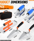 6 Piece Concrete Hand Tools Set With Edger, Groover, Finishing Trowel, Pointing Trowel, Gauging Trowel, And Tool Bag For Cement And Masonry Projects, Beginner Friendly, Durable Stainless Steel, with dimensions shown.