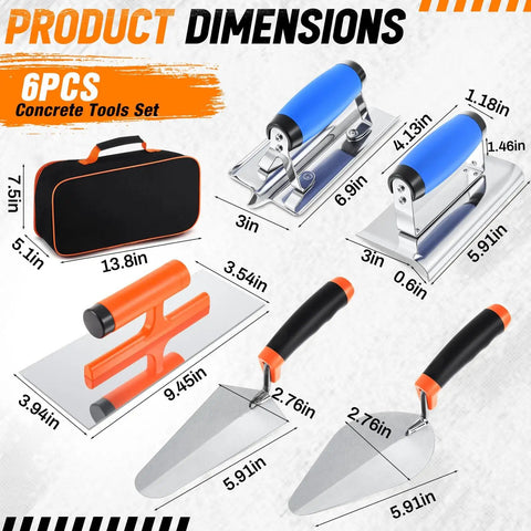 6 Piece Concrete Hand Tools Set With Edger, Groover, Finishing Trowel, Pointing Trowel, Gauging Trowel, And Tool Bag For Cement And Masonry Projects, Beginner Friendly, Durable Stainless Steel, with dimensions shown.