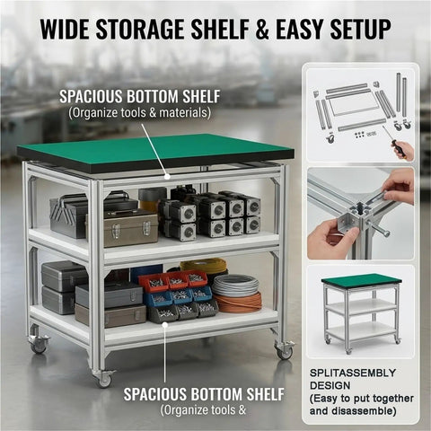 Industrial Anti Static Mobile Workbench Aluminum Utility Cart With 150X80cm Desktop Built Like A Tank with storage shelves.