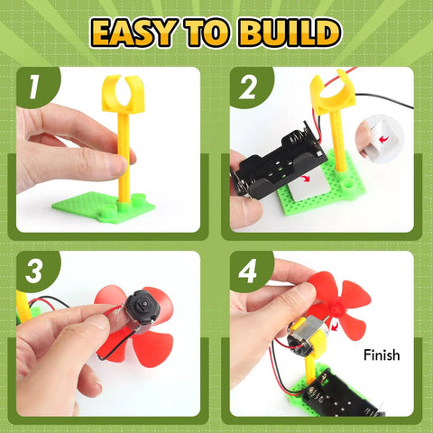 Step-by-step assembly of Bulk Electric Circuit Kit Set for Kids Classroom Use; shows hands building a fan with AA batteries.