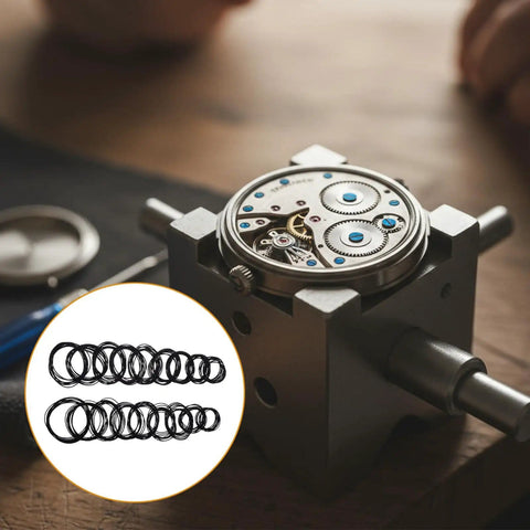 180 Pcs Watch Gasket O Ring Kit With 18 Sizes Waterproof Rubber Seals for wristwatch repair and sealing on a workbench.