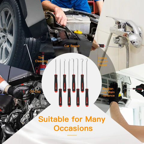 8 Piece Auto Tool Set With Precision Oil Seal Picks And Mechanical Device Picks displayed with various uses on images.