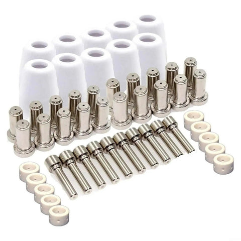 Plasma Cutter Consumables Kit For PCM 500i And PT 31XL Torch 50 Piece Pro Grade Replacement Kit with electrodes, nozzles, swirl rings, and shield cups.