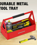 Red Portable Metal Tool Box Tote Tray For Mechanics And DIY Pros On The Go Durable Versatile Storage Organizer That Fits Wrenches Sockets Pliers And Electrician Gear, red steel tray with EVA handle