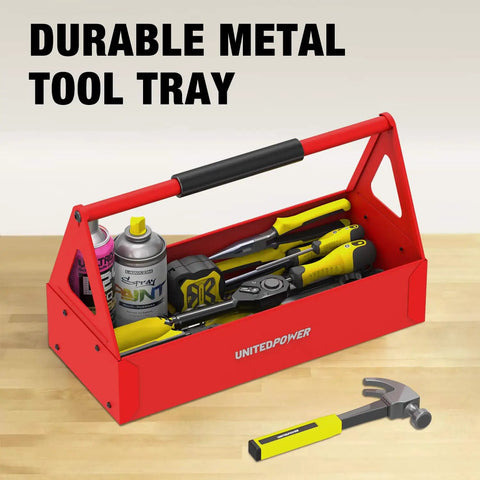 Red Portable Metal Tool Box Tote Tray For Mechanics And DIY Pros On The Go Durable Versatile Storage Organizer That Fits Wrenches Sockets Pliers And Electrician Gear, red steel tray with EVA handle