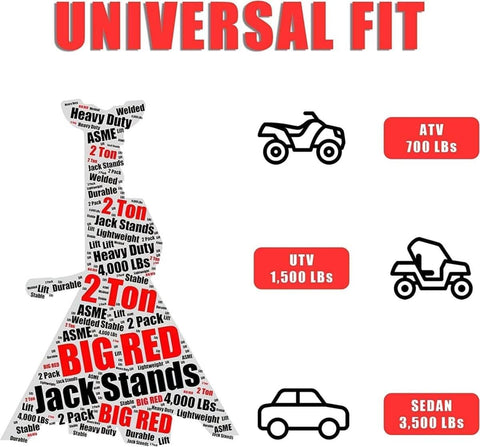 2 Ton Hydraulic Floor Jack With Two Jack Stands, Heavy Duty Steel Lift Set For Cars, showing different vehicle capacities