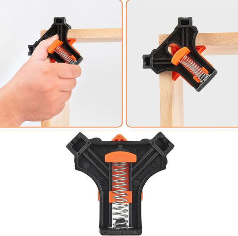 90 Degree Angle Clamps Set Of 4 For Woodworking Right Angle Corner Clips and Adjustable Shelf Fixers being used on a wooden frame.
