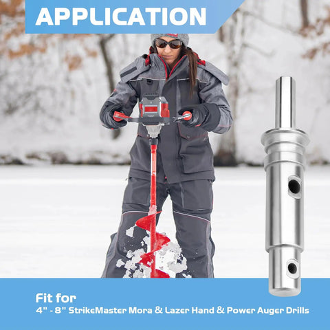 Woman using Two Stage Drill Adapter Replacement For NDA3 Auger Adapter in ice fishing, compatible with Mora and Lazer augers.