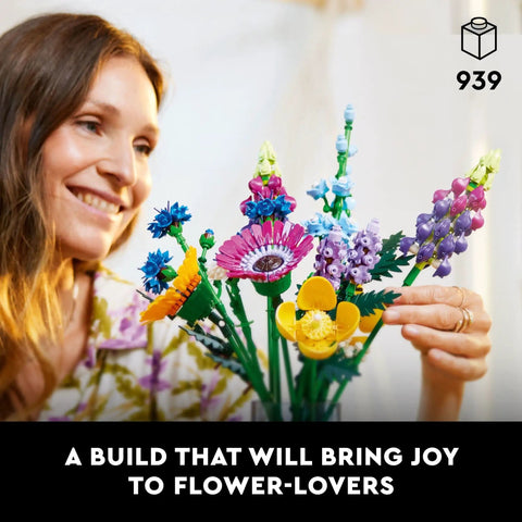 Brick Built Wildflower Bouquet Building Set For Adults Realistic Faux Flowers For Indoor Home Decor Desk Or Kitchen Display Creative Gift Idea For Birthdays And 18 Plus Vase Not Included, woman holding 939-piece colorful brick flower bouquet