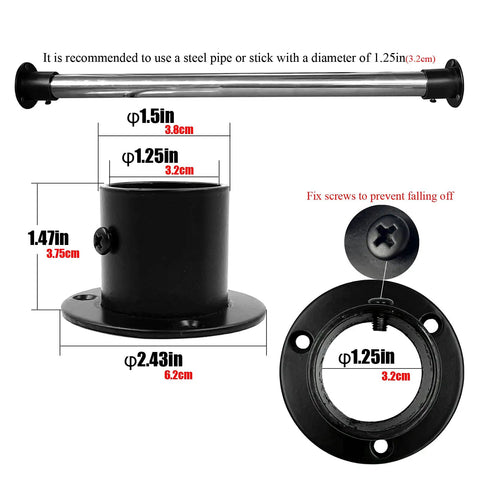 Heavy Duty Stainless Steel Closet Rod Brackets 4 Pack Fits One Point Two Five Inch Pipe with dimensions and mounting details.