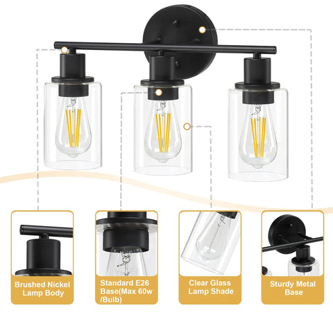 Sleek Dope Modern 3 Light Matte Black Vanity Light With Clear Glass Shades For Bathroom Mirror Wall Sconce Indoor Use Waterproof Design Perfect For Hallway Living Room Or Bedroom 17 Inch Wide