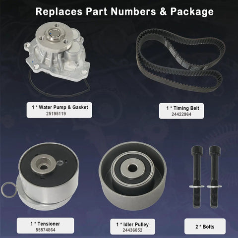 Engine Timing Belt Kit With Water Pump For 2009 To 2018 Chevy Cruze Sonic Aveo Aveo5 2009 To 2010 Pontiac G3 2007 To 2008 Saturn Astra Replaces TCKWP338 24422964 25195119 components including belt, water pump, tensioner, idler pulley, and bolts