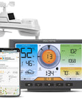 Five In One Home Weather Station With WiFi To Weather Underground Delivers Real Time Indoor Outdoor Temperature And Humidity, Wind Speed And Direction, Barometric Pressure, And Rainfall Black, showing digital display with outdoor sensor and mobile app interface.