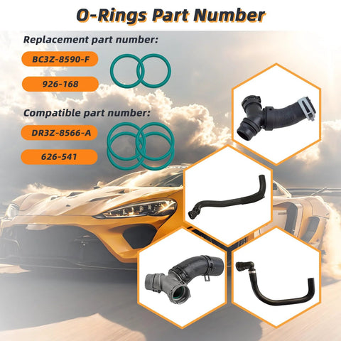 Automotive o-ring seal kit, six-pack with green O-rings and radiator hose fittings.