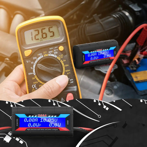 Two Pack 200A High Precision Watt Meter Power Analyzer And Battery Consumption Monitor With Dope Backlit LCD Display shown.