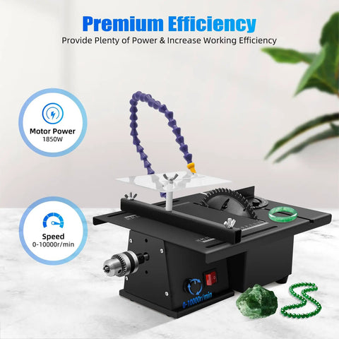 Beast 1850W Jade Table Grinder with 1850W motor, adjustable speed 0-10000 RPM, on marble surface with gem and bead accents.