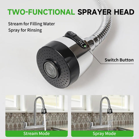 Top Shelf Two Handle Kitchen Faucet Featuring Slick High Arch Curve And Full 360 Swivel Motion Built With Rust Resistant Stainless Steel and Polished Chrome with two-function sprayer head.