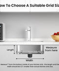 Heavy Duty Stainless Steel Kitchen Sink Grid With Centered Drain And Rounded Corners displayed with measurement instructions in a modern kitchen.