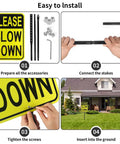Installation steps for Large Please Take It Easy Buddies Sign With Heavy Five Foot Four Inch Aluminum Stake Reflective Weatherproof Yard Banner.