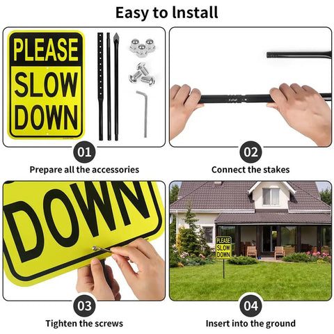 Installation steps for Large Please Take It Easy Buddies Sign With Heavy Five Foot Four Inch Aluminum Stake Reflective Weatherproof Yard Banner.