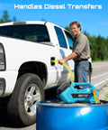 Go Anywhere Cordless Water And Diesel Transfer Pump used to refuel a truck, highlighting versatility for diesel transfers.