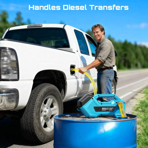 Go Anywhere Cordless Water And Diesel Transfer Pump used to refuel a truck, highlighting versatility for diesel transfers.