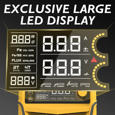 Ultimate 160A MIG Welder Kit For Professionals And Hobbyists Features 4-In-1 Synergic Capability with large LED display showing settings.