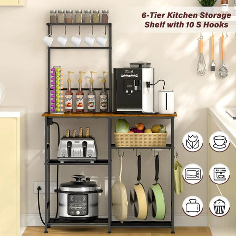 Baker's Rack With Power Outlet For Kitchen Organization No Brainer, Microwave Stand, displaying appliances, utensils, rustic brown
