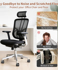 Office chair with 5 Pack Office Chair Wheel Stoppers Cushioned Caster Cups With Felt Bottom Pads For Hardwood Floors And Carpets To Prevent Scratches, Universal Fit For Most Chairs, Black shown preventing scratches, noise, and dust.