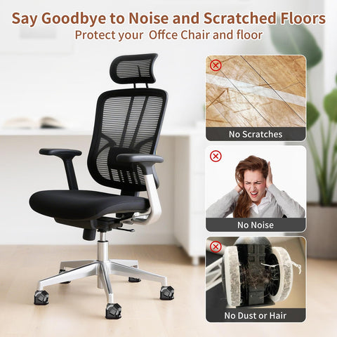 Office chair with 5 Pack Office Chair Wheel Stoppers Cushioned Caster Cups With Felt Bottom Pads For Hardwood Floors And Carpets To Prevent Scratches, Universal Fit For Most Chairs, Black shown preventing scratches, noise, and dust.
