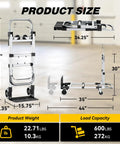 Heavy Duty 3 In 1 Convertible Hand Truck Dolly With 600 Pound Capacity Folding Rolling Cart dimensions on display.
