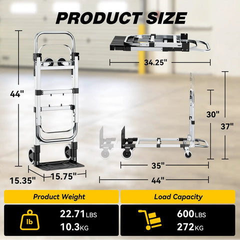 Heavy Duty 3 In 1 Convertible Hand Truck Dolly With 600 Pound Capacity Folding Rolling Cart dimensions on display.