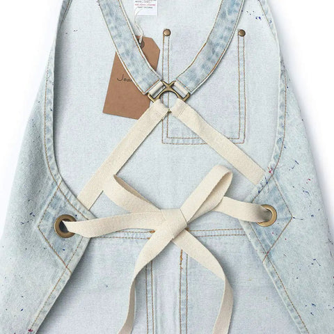 Denim Tool Shop Apron For Hairstylists With Five Pockets, Cross Back Straps, Adjustable From S To M, Light Blue Cotton Apron