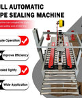 Full Automatic Double Flap Case Sealer Tape Machine For Folding Cartons Adjusts From 3.15 To 19.68 Inches Wide And High with rollers and tape dispenser.