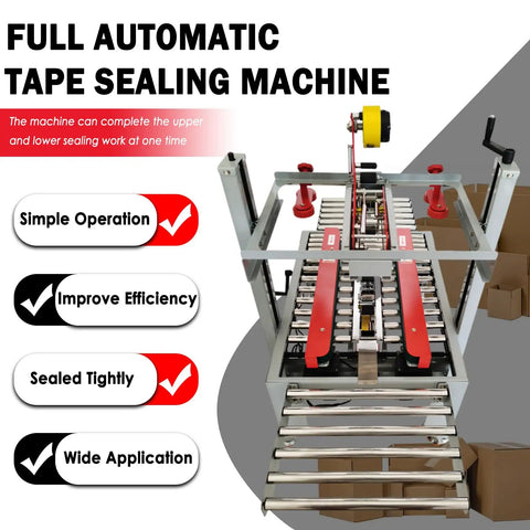 Full Automatic Double Flap Case Sealer Tape Machine For Folding Cartons Adjusts From 3.15 To 19.68 Inches Wide And High with rollers and tape dispenser.