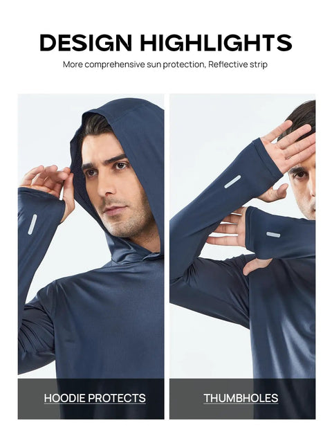 Mens Sun Protection Hoodie Shirt With UPF 50 Plus Long Sleeve Rash Guard For Fishing Swimming And Running Lightweight Breathable Moisture Wicking UV SPF Cool Gray with hood and thumbholes