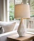 Rustic Table Lamp Set Of 2 With Linen Shade, Vintage Farmhouse Bedroom And Living Room Lights, on a wooden side table by a window