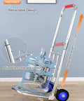 Hella Tough Folding Sack Truck With Solid Rubber Wheels And Rugged Utility Dolly Platform For Zero Sweat Heavy Moving Gear Hauling Up To Two Hundred Forty Two Pounds showing retractable design and water jug.