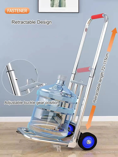 Hella Tough Folding Sack Truck With Solid Rubber Wheels And Rugged Utility Dolly Platform For Zero Sweat Heavy Moving Gear Hauling Up To Two Hundred Forty Two Pounds showing retractable design and water jug.