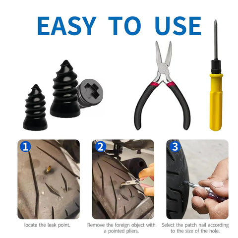 Tire Repair Rubber Nail Kit With Extraction Pliers Screwdriver And Gloves 40 Piece Vacuum Tire Repair Screws Emergency Tubeless Tire Plug Kit with usage steps.