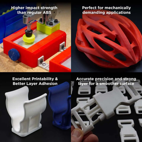 Durable 1.75mm ABS 3D Printer Filament in black showing impact resistance, precision, and use in functional parts prototyping.