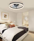 20 Inch Black Bladeless Ceiling Fan Drops Slick Integrated Looks With A Clean Seamless Silhouette Plus Bright LED Lighting Effortless App Control And A Tight Flush Mount Fit Perfect For Compact Rooms Where You Want Fresh Air That Feels Crisp in modern bedroom setting.