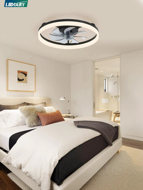 20 Inch Black Bladeless Ceiling Fan Drops Slick Integrated Looks With A Clean Seamless Silhouette Plus Bright LED Lighting Effortless App Control And A Tight Flush Mount Fit Perfect For Compact Rooms Where You Want Fresh Air That Feels Crisp in modern bedroom setting.