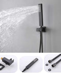 Matte Black Dual Shower Valve System With Thermostatic Temperature Control Rock Solid High Flow Bathroom Hardware Pressure Balancing Safety Guard, handheld shower head with sleek design and mount.